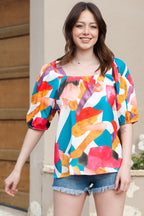Multicolor Square Neck Abstract Print Short Sleeve Blouse