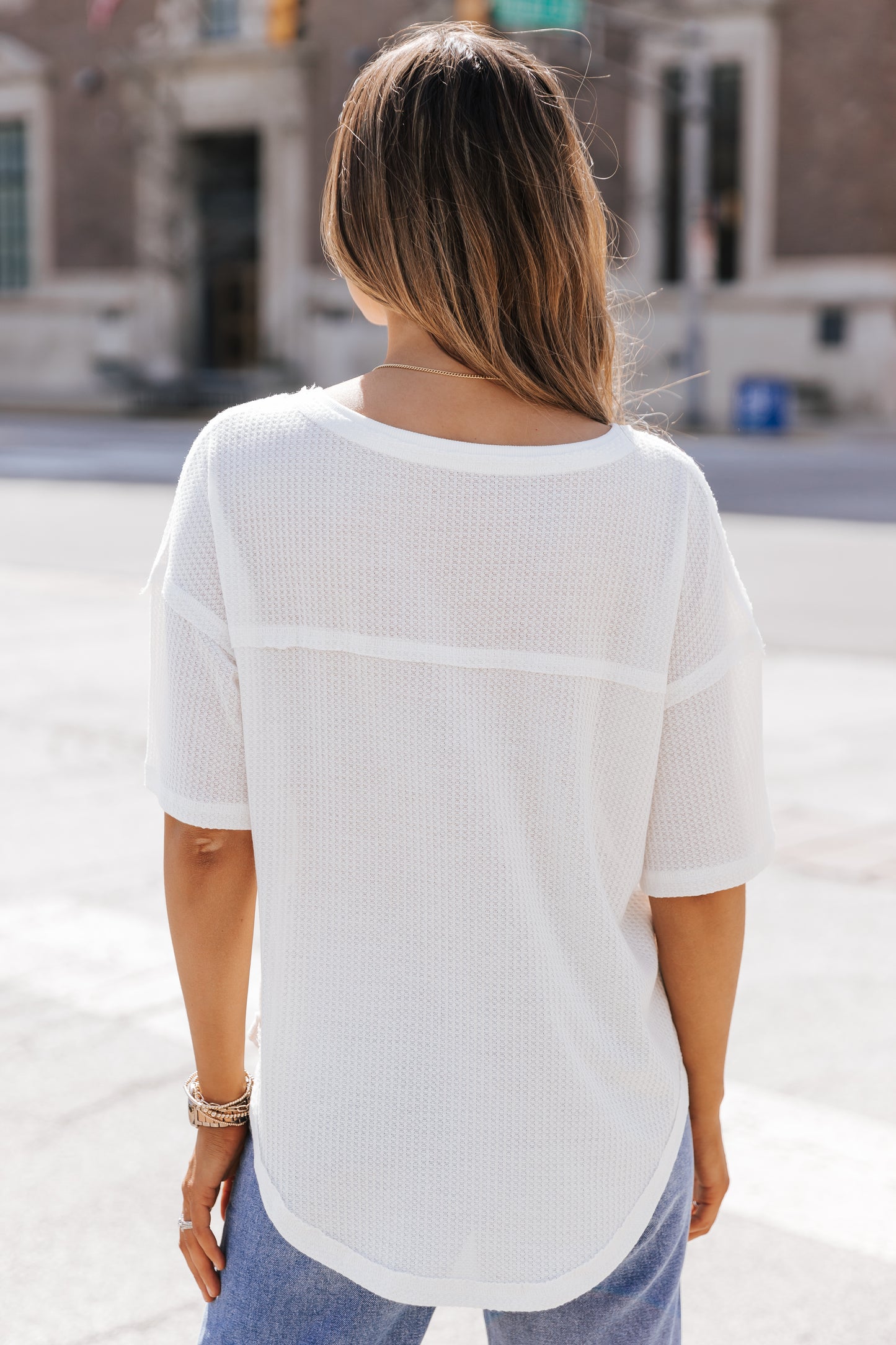 White Waffle Knit Drop Shoulder Loose Top