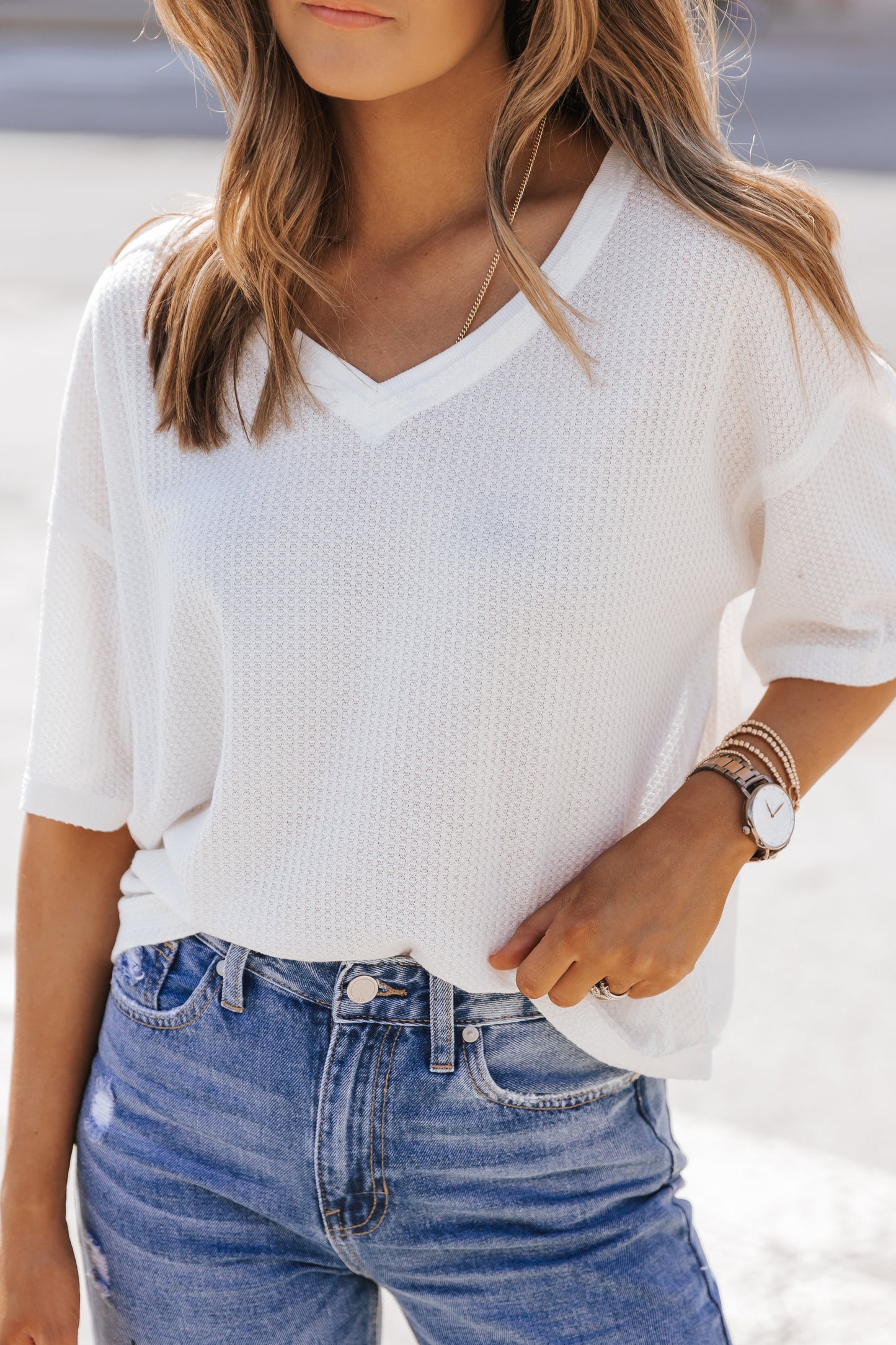 White Waffle Knit Drop Shoulder Loose Top