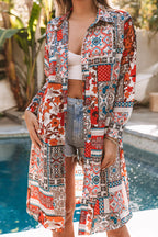 Multicolor Boho Patchwork Print Flowy Long Sleeve Kimono