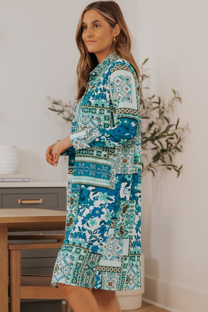 Multicolor Boho Patchwork Print Flowy Long Sleeve Kimono