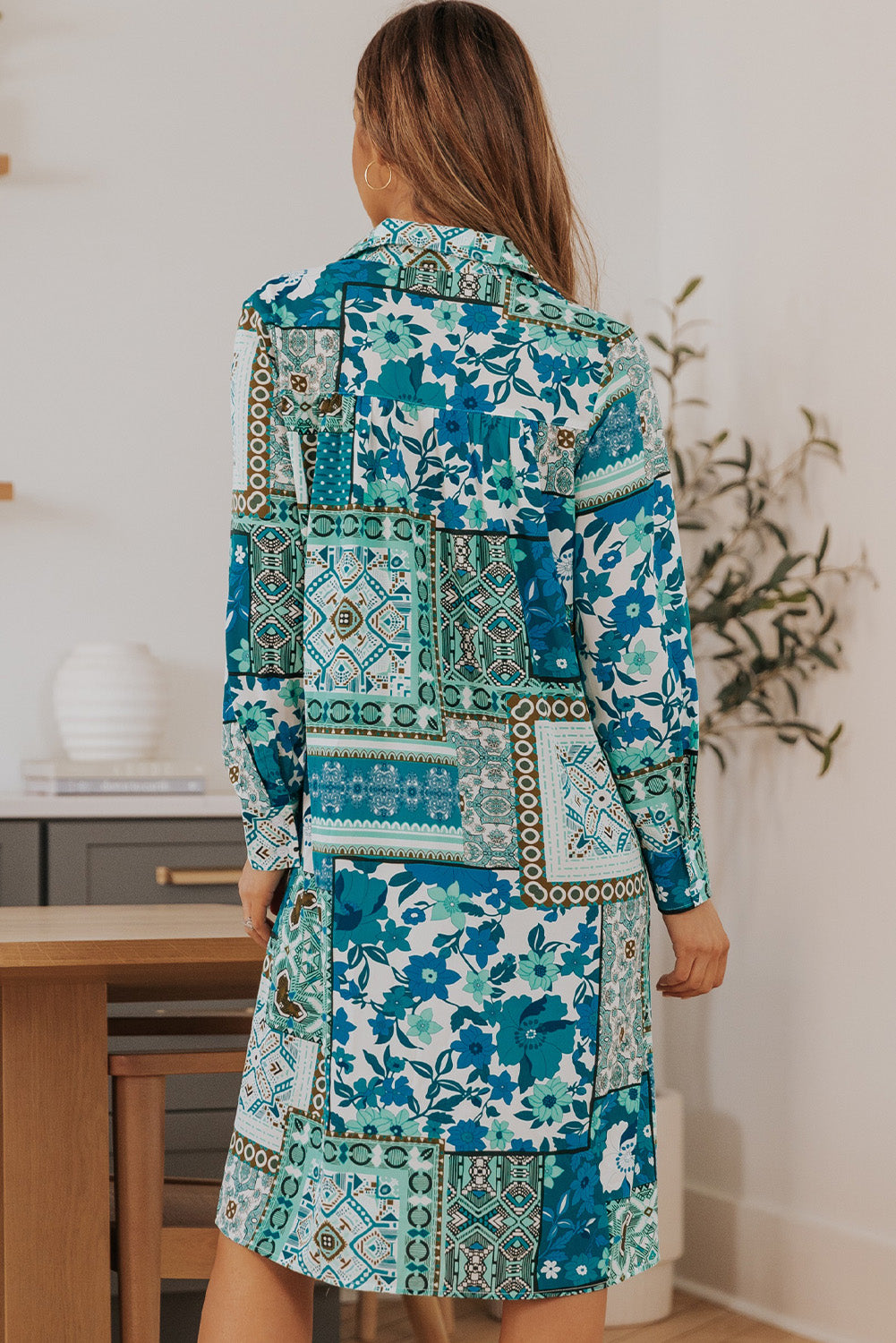 Multicolor Boho Patchwork Print Flowy Long Sleeve Kimono