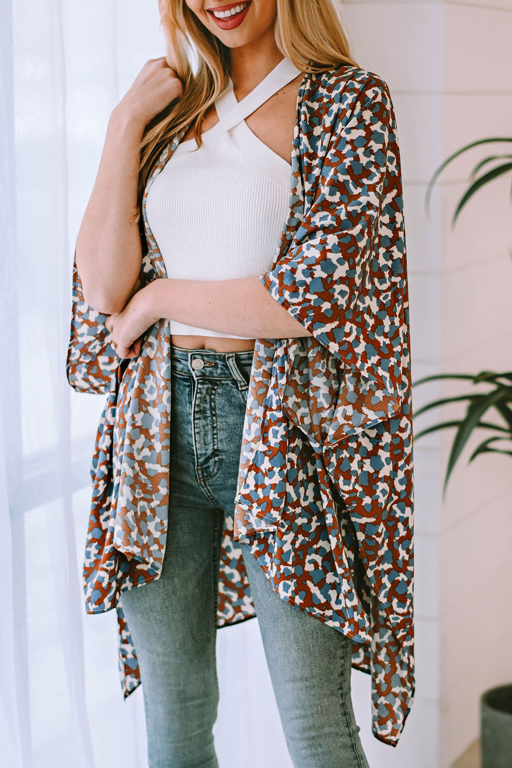 Mixed Colors Leopard Print Flowy Kimono