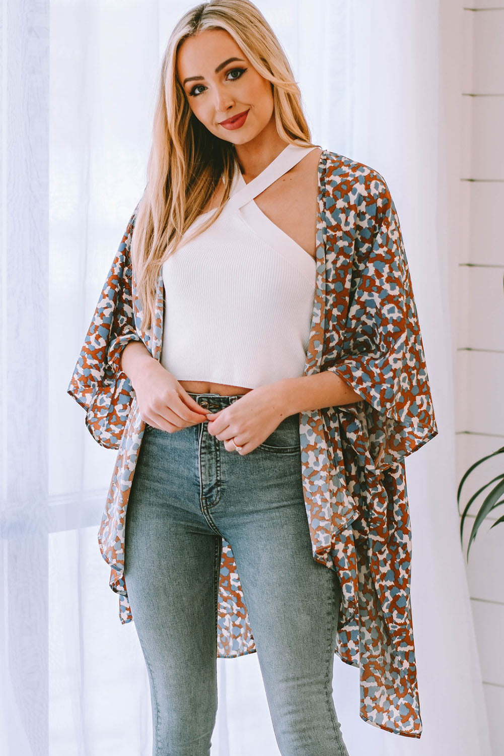 Mixed Colors Leopard Print Flowy Kimono
