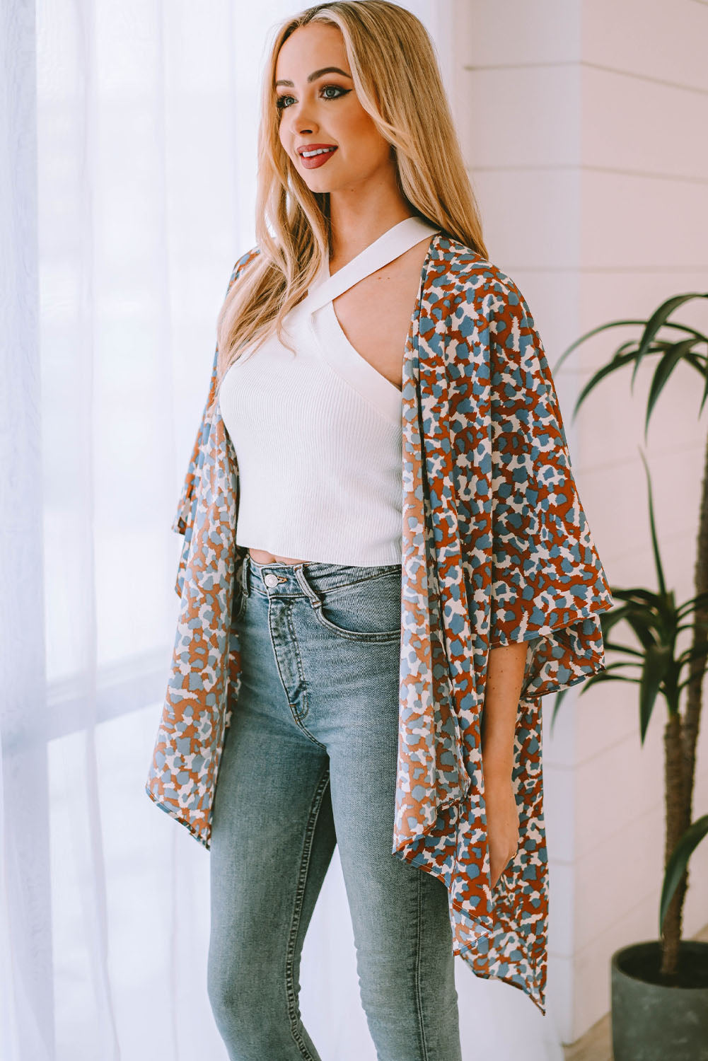Mixed Colors Leopard Print Flowy Kimono