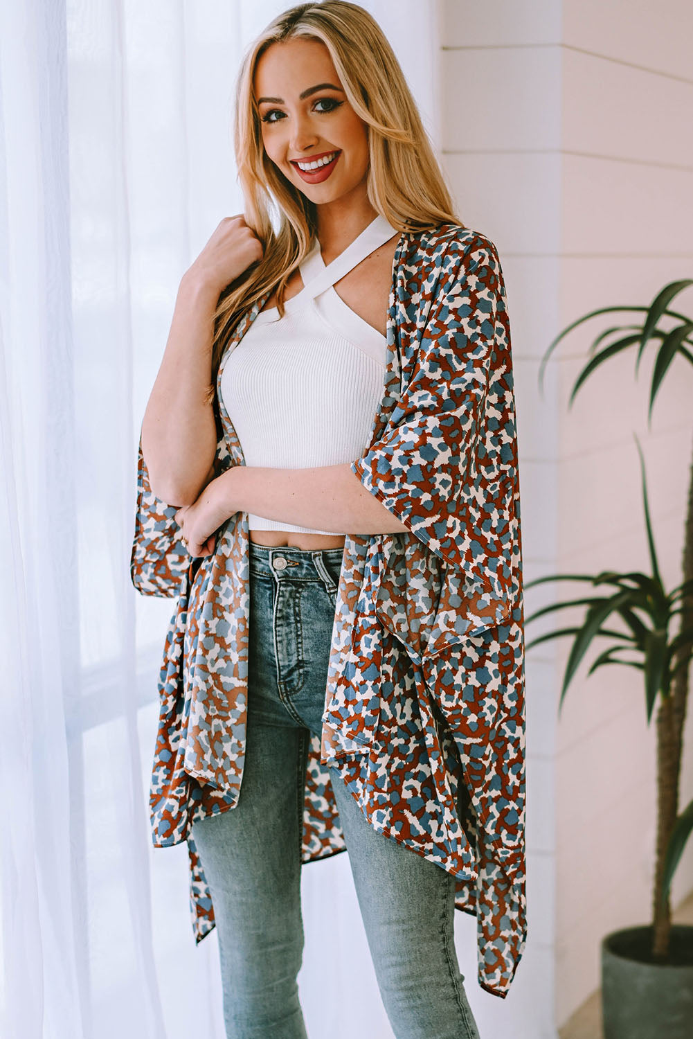 Mixed Colors Leopard Print Flowy Kimono