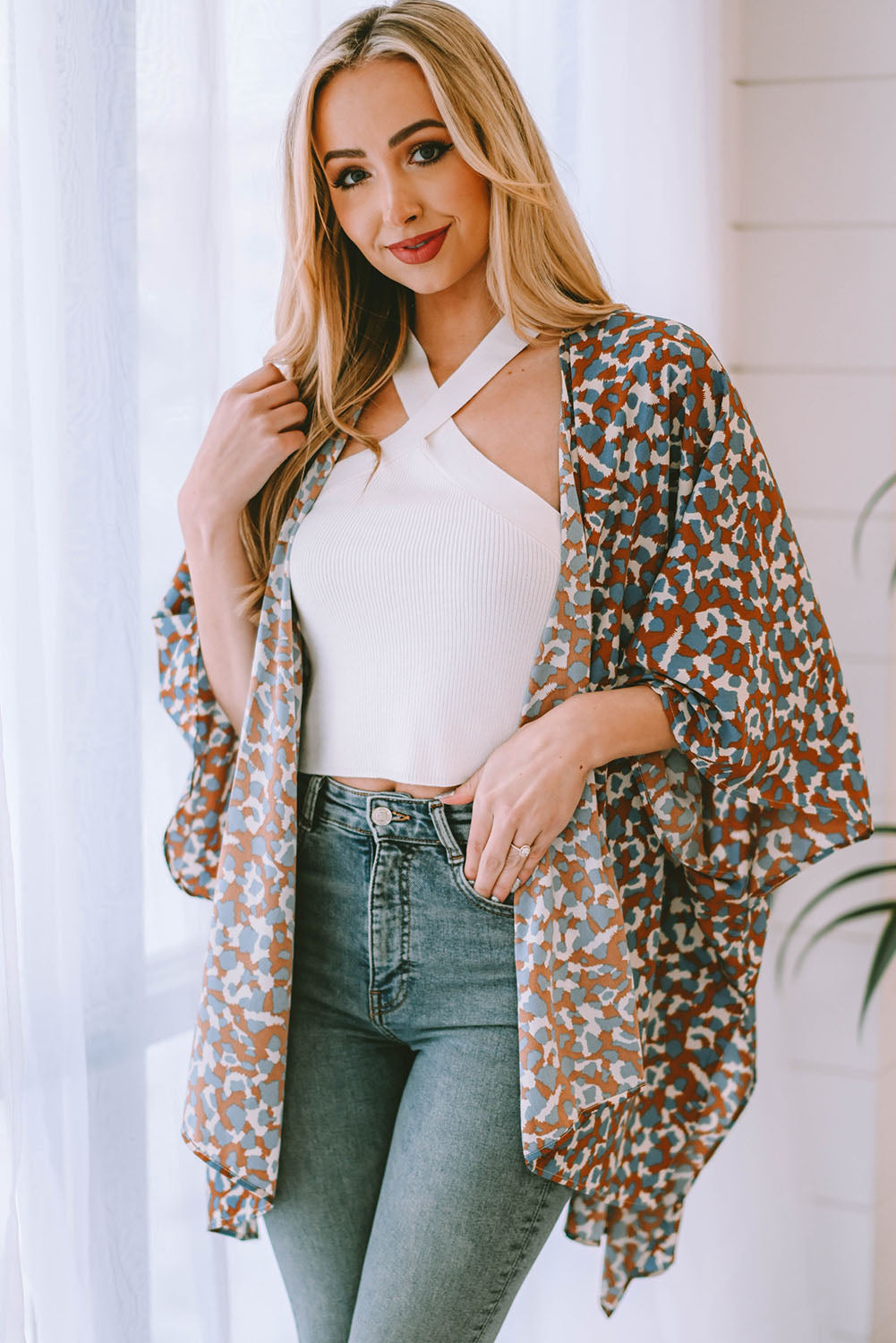 Mixed Colors Leopard Print Flowy Kimono