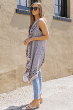 Khaki Western Fashion Print Sleeveless Kimono