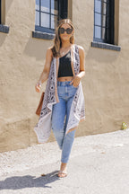 Khaki Western Fashion Print Sleeveless Kimono