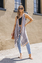 Khaki Western Fashion Print Sleeveless Kimono