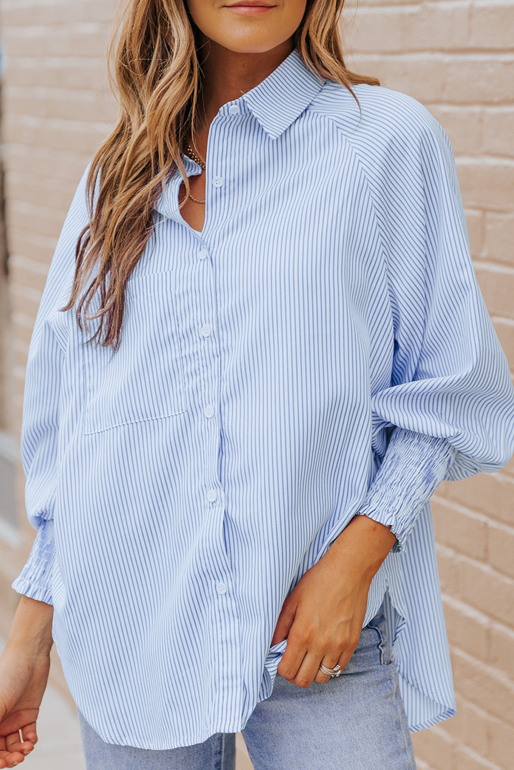 Smocked Cuffed Striped Boyfriend Shirt with Pocket