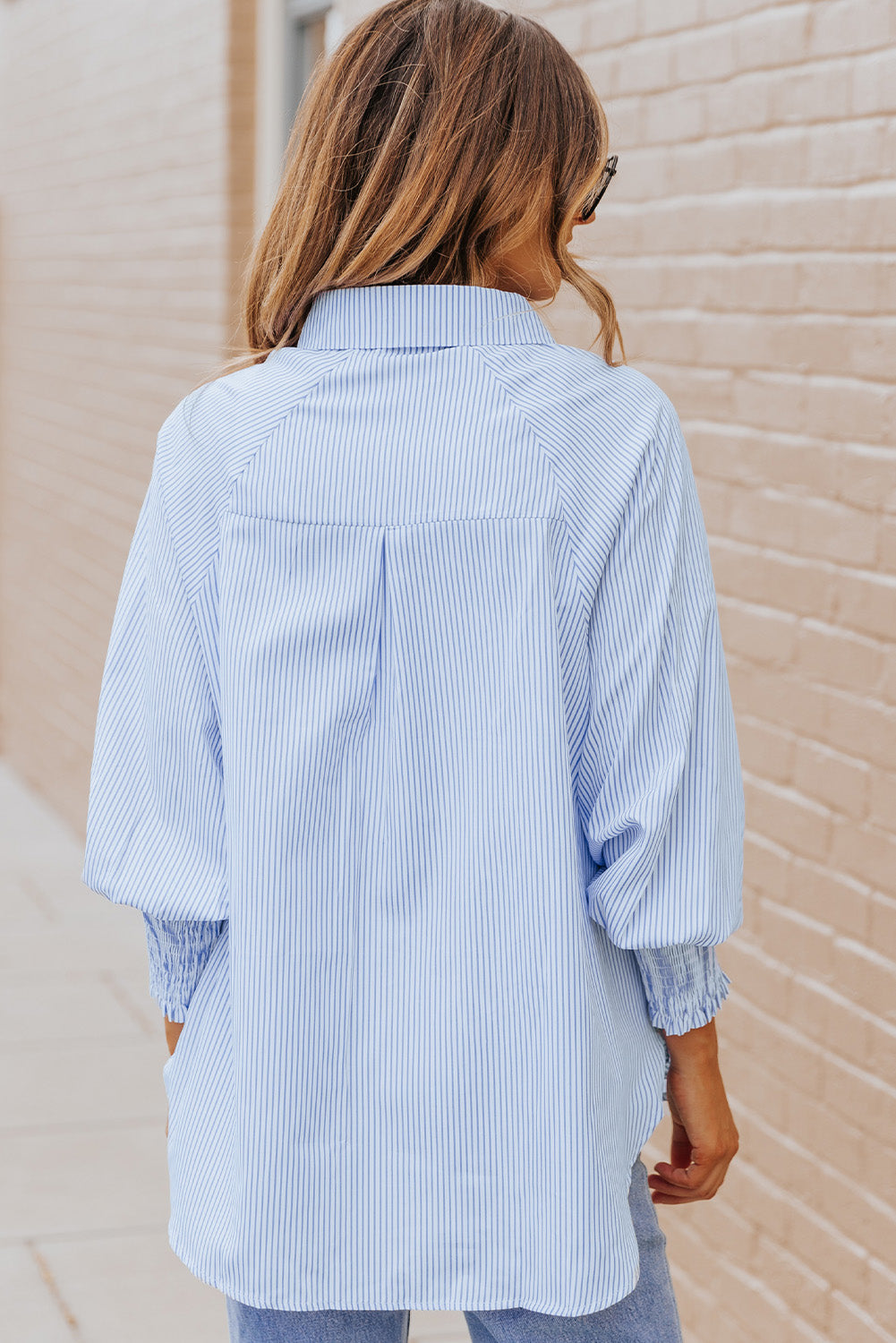 Smocked Cuffed Striped Boyfriend Shirt with Pocket