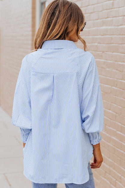 Smocked Cuffed Striped Boyfriend Shirt with Pocket