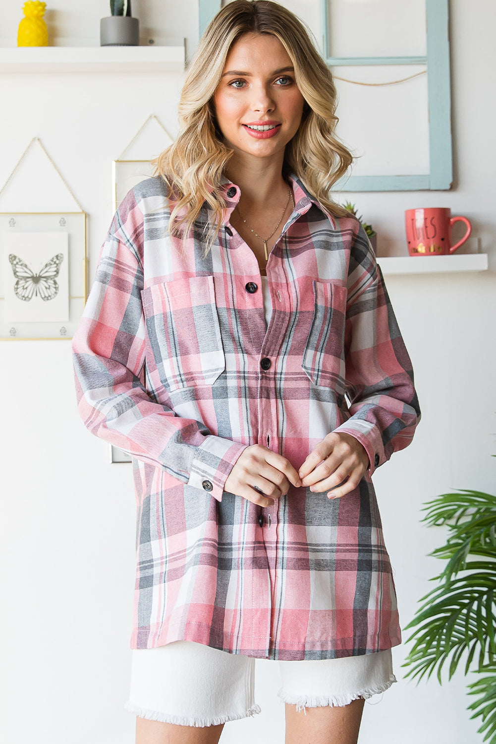 Pink Plaid Button Up Patch Pocket Shirt