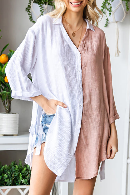 V Neck Collared Curved Hem Contrast Colorblock Shirt