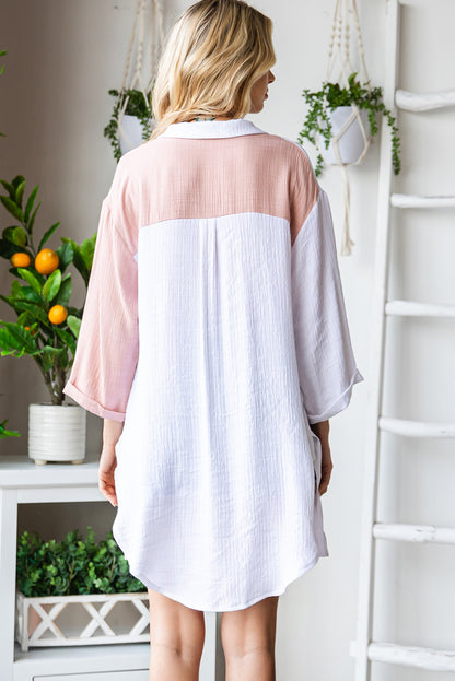 V Neck Collared Curved Hem Contrast Colorblock Shirt