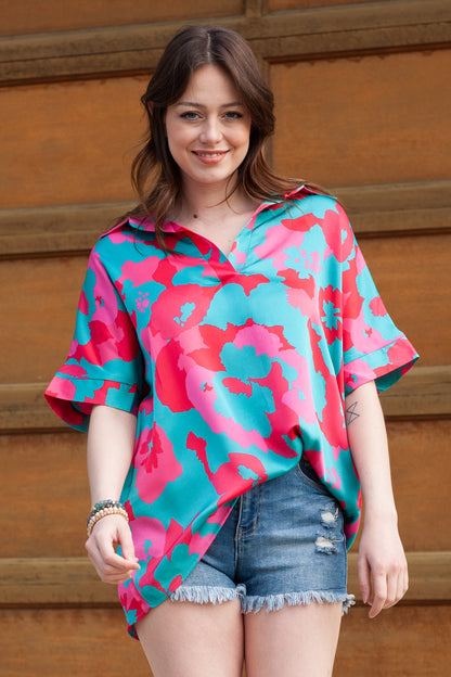Abstract Print V Neck Blouse