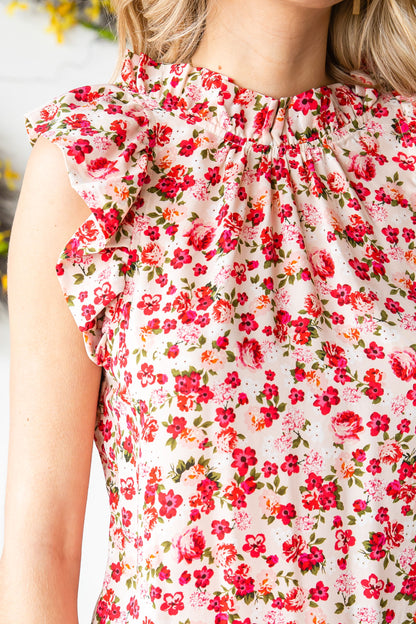 Floral Print Ruffled Mock Neck Sleeveless Top