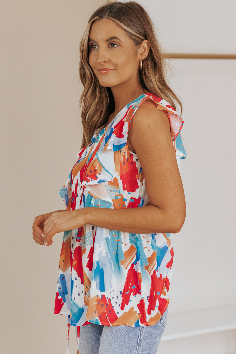 Multicolor Abstract Print V Neck Ruffled Tank