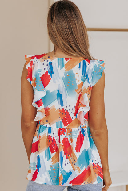 Multicolor Abstract Print V Neck Ruffled Tank