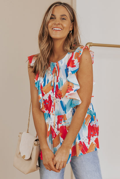 Multicolor Abstract Print V Neck Ruffled Tank