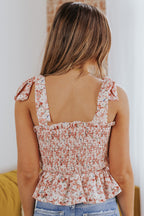 Khaki Floral Print Tie Straps Smocked Peplum Vest