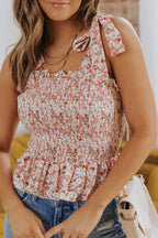 Khaki Floral Print Tie Straps Smocked Peplum Vest