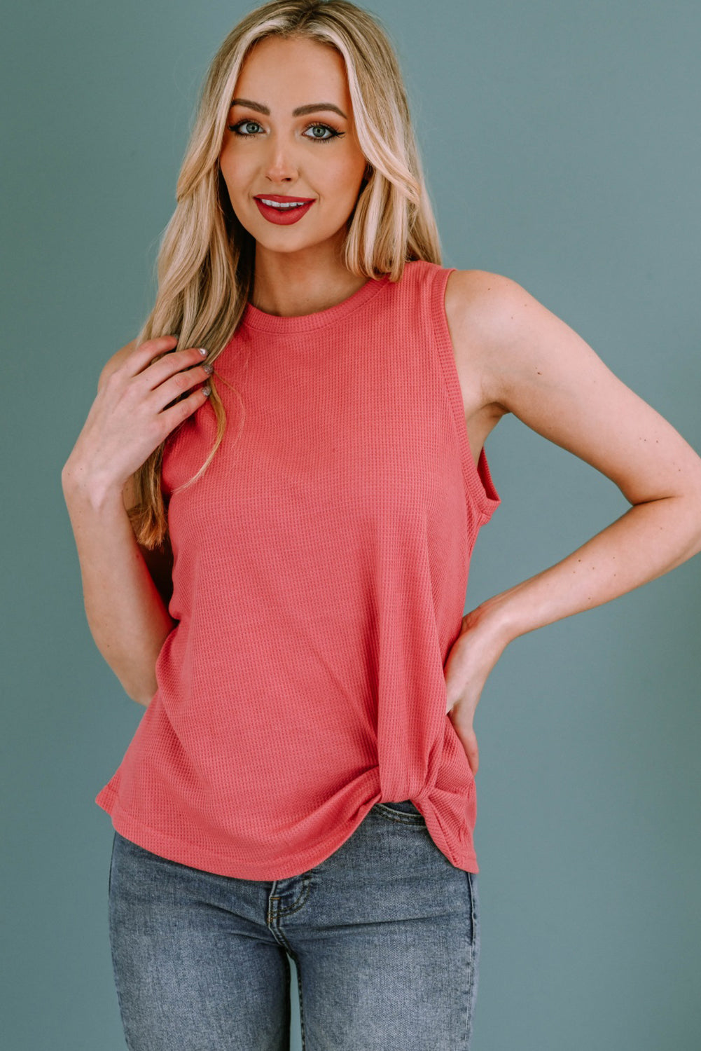 Twist Knot Waffle Knit Tank Top