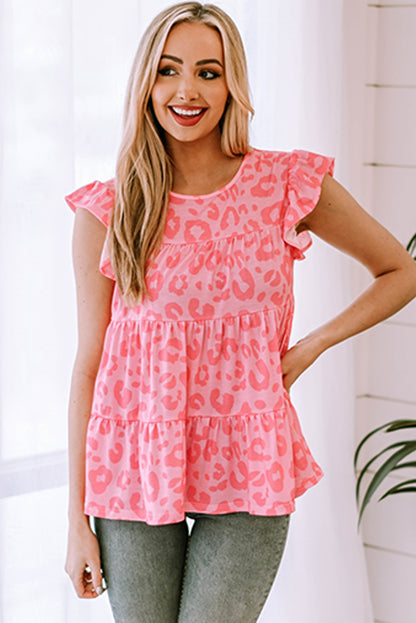 Leopard Print Flutter Sleeve Tiered Tank Top