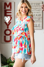 Brush Print Ruffle Trim Peplum Tank Top