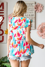 Brush Print Ruffle Trim Peplum Tank Top