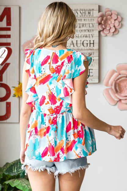 Brush Print Ruffle Trim Peplum Tank Top