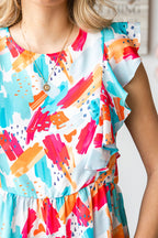 Brush Print Ruffle Trim Peplum Tank Top