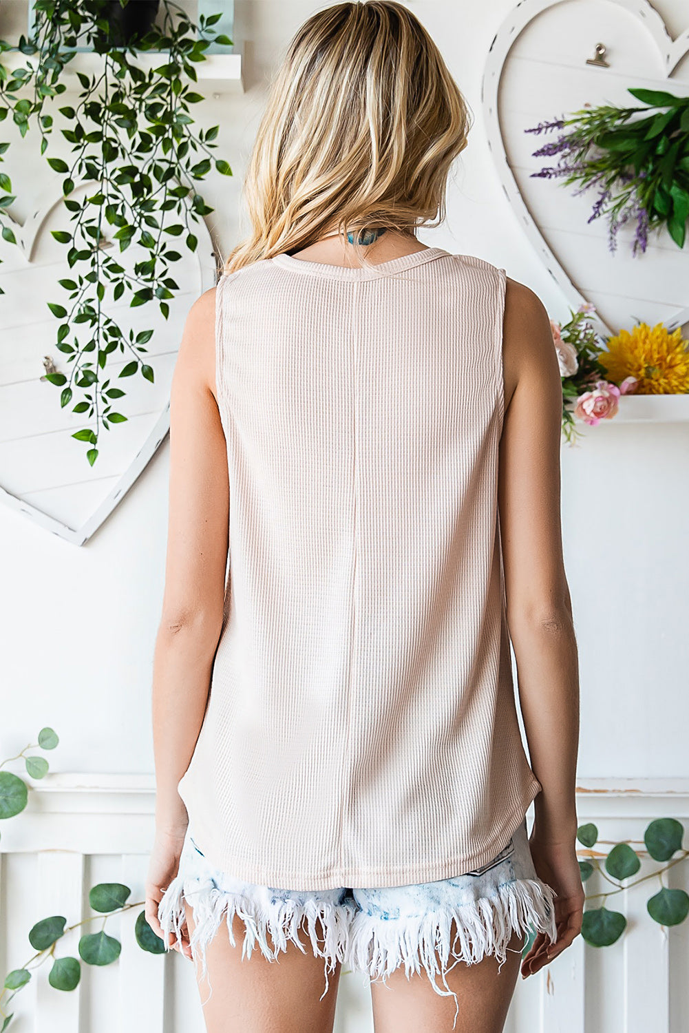 Rust Red Crew Neck Waffle Tank Top