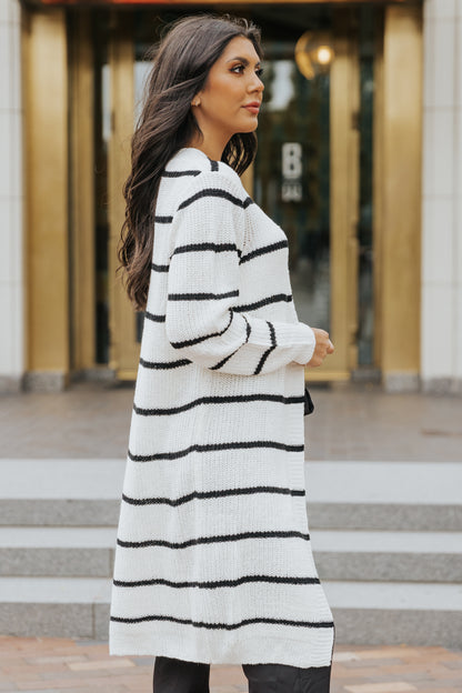 Beige Striped Print Long Cardigan