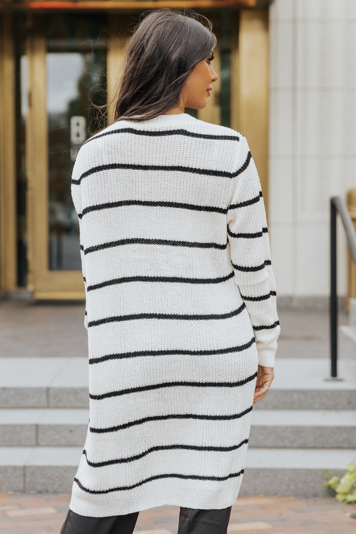 Beige Striped Print Long Cardigan
