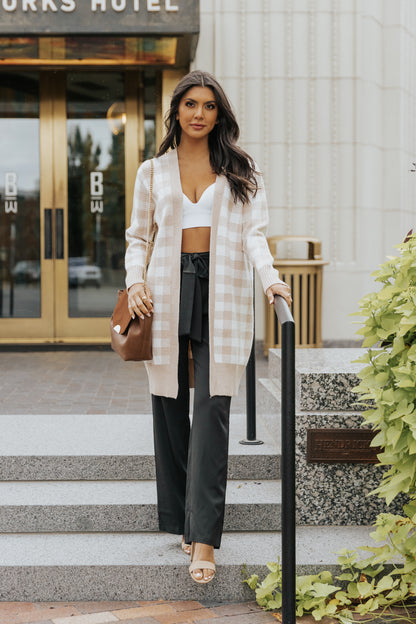 Khaki Open Front Plaid Long Cardigan