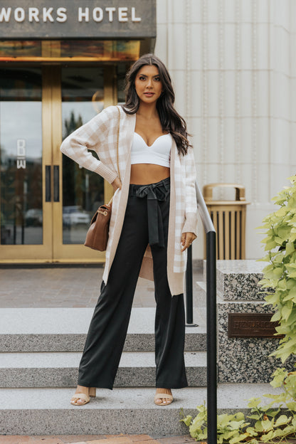 Khaki Open Front Plaid Long Cardigan