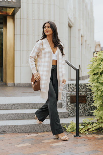 Khaki Open Front Plaid Long Cardigan