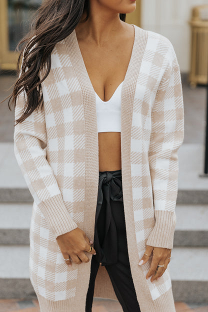Khaki Open Front Plaid Long Cardigan