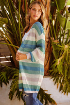 Striped Color Block Hollowed Knit Cardigan
