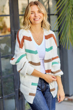 Beige Drop Shoulder Pocketed Stripe Sweater Cardigan