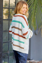 Beige Drop Shoulder Pocketed Stripe Sweater Cardigan
