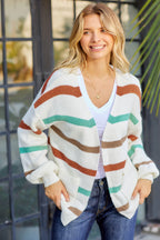 Beige Drop Shoulder Pocketed Stripe Sweater Cardigan