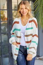 Beige Drop Shoulder Pocketed Stripe Sweater Cardigan
