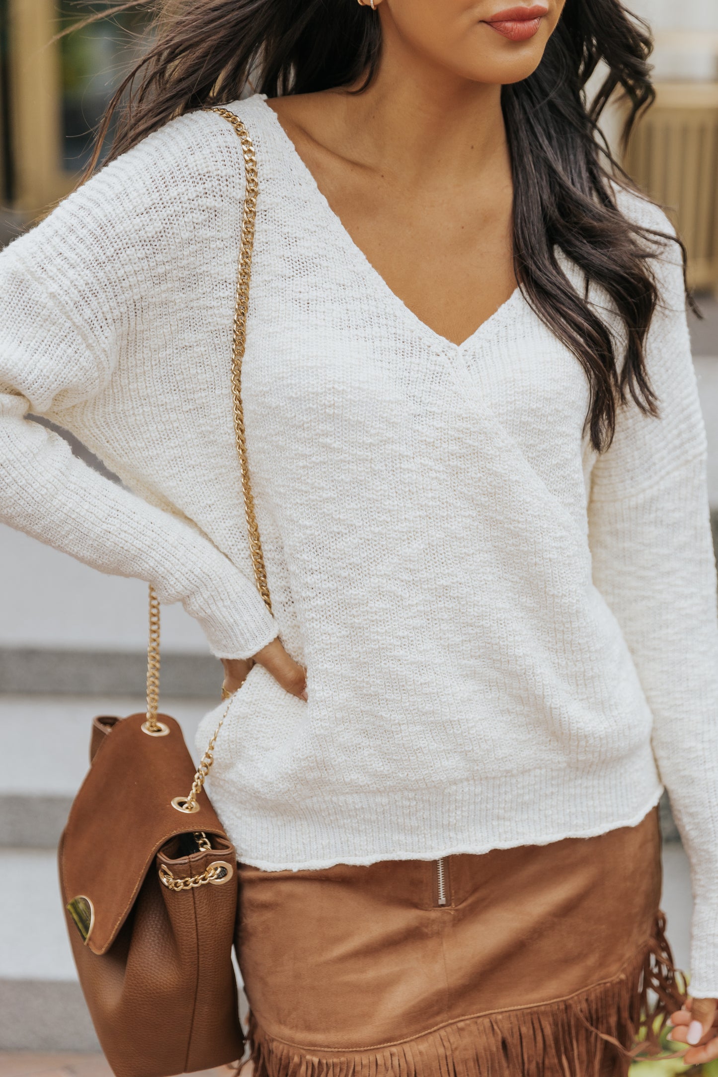 Beige V Neck Wrap Backless Knit Sweater