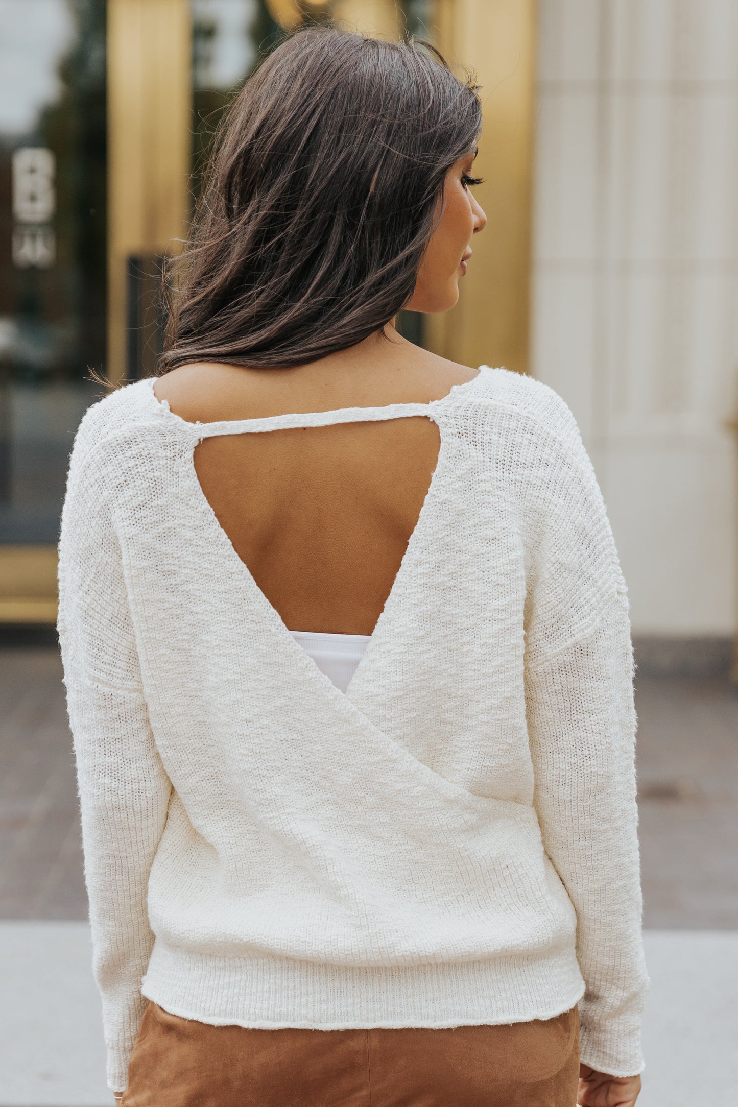Beige V Neck Wrap Backless Knit Sweater