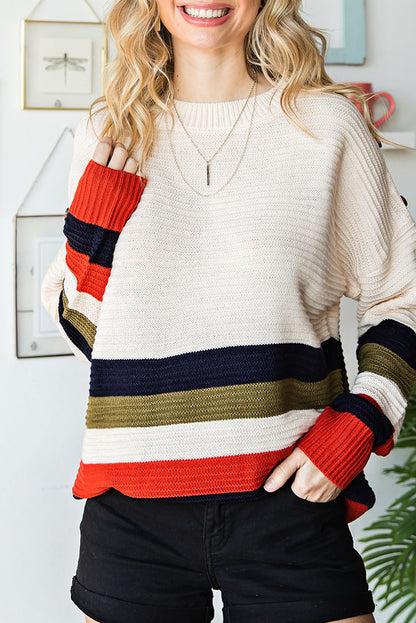 Buttoned Shoulder Drop Shoulder Striped Sweater