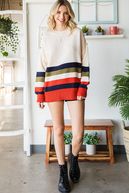 Buttoned Shoulder Drop Shoulder Striped Sweater