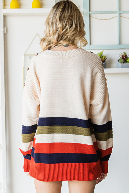 Buttoned Shoulder Drop Shoulder Striped Sweater